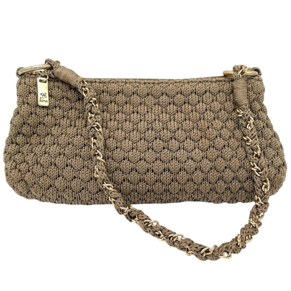Lina Taupe Crochet Knit Shoulder Bag Boho Woven Chain Strap Purse